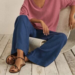 Eddie Bauer Navy Blue Linen High Waisted Wide Leg Pants Size L